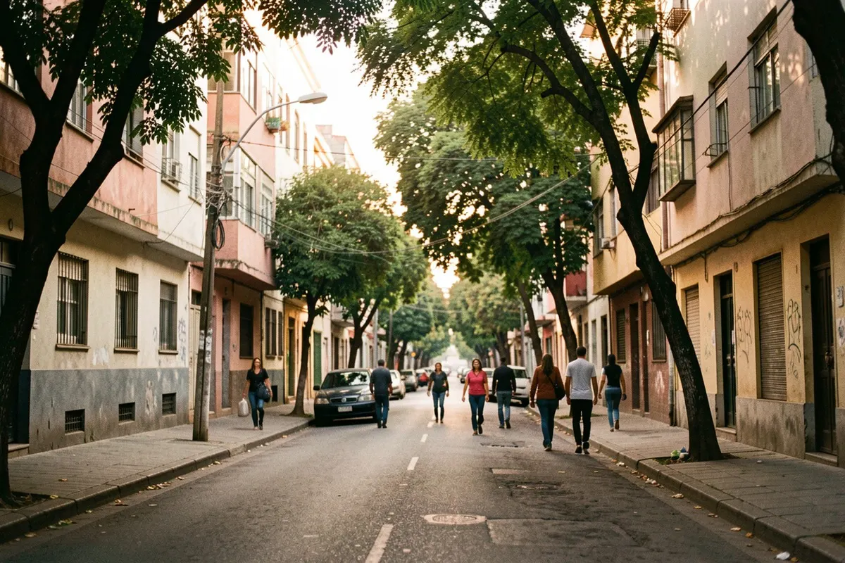 A residential street with apartment buildings and trees in Buenos Aires in afternoon light