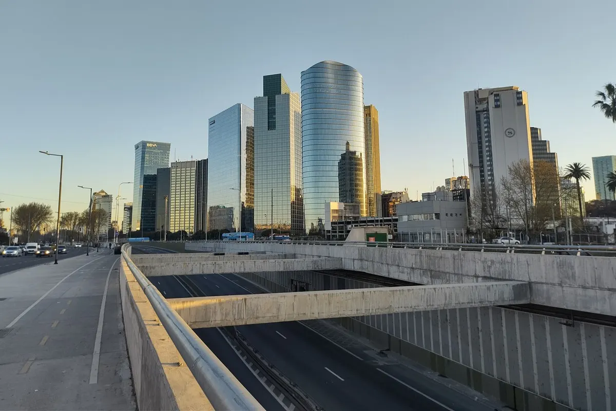 Office towers of Catalinas and Puerto Madero above the Paseo del Bajo in Buenos Aires