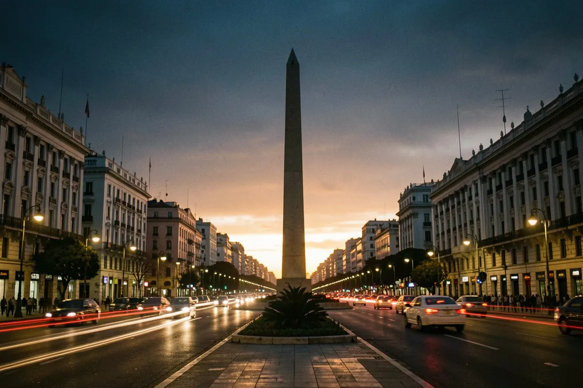 Avenida 9 de Julio and the Obelisco in Buenos Aires at blue hour, with traffic light trails